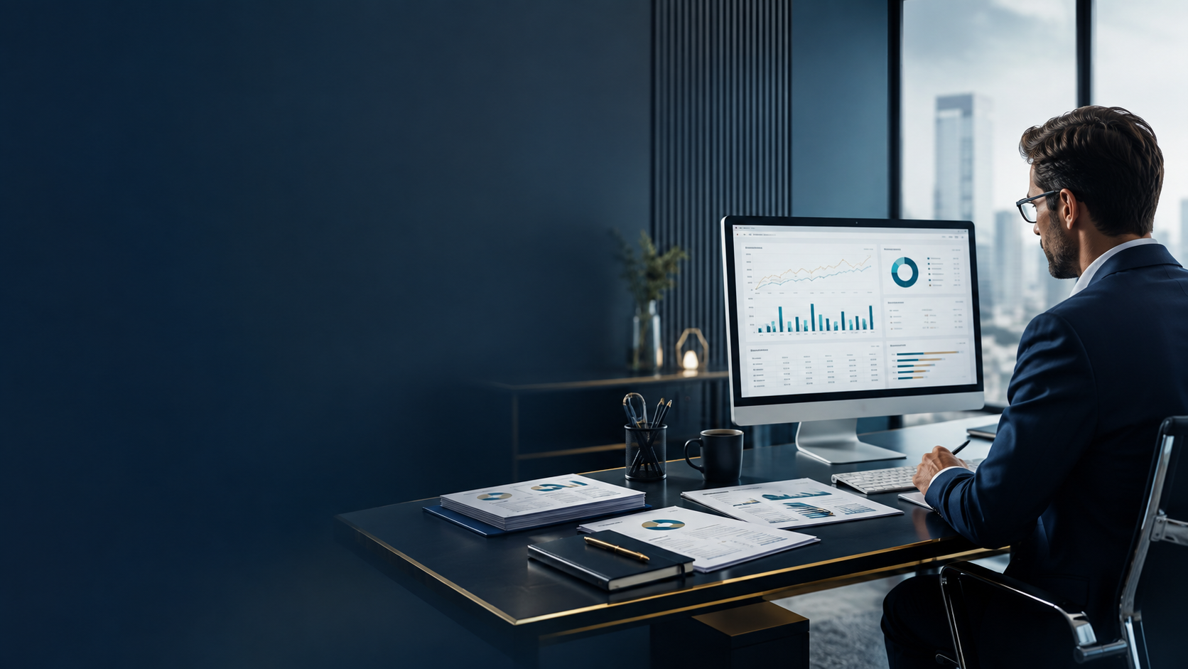 Mesa de trabajo con gráficos y análisis financiero en un entorno corporativo